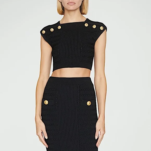 Balmain 6-Button Pointelle Knit Crop Top